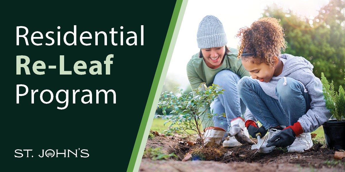 adult and child planting a tree, includes text "Residential Re-Leaf Program."
