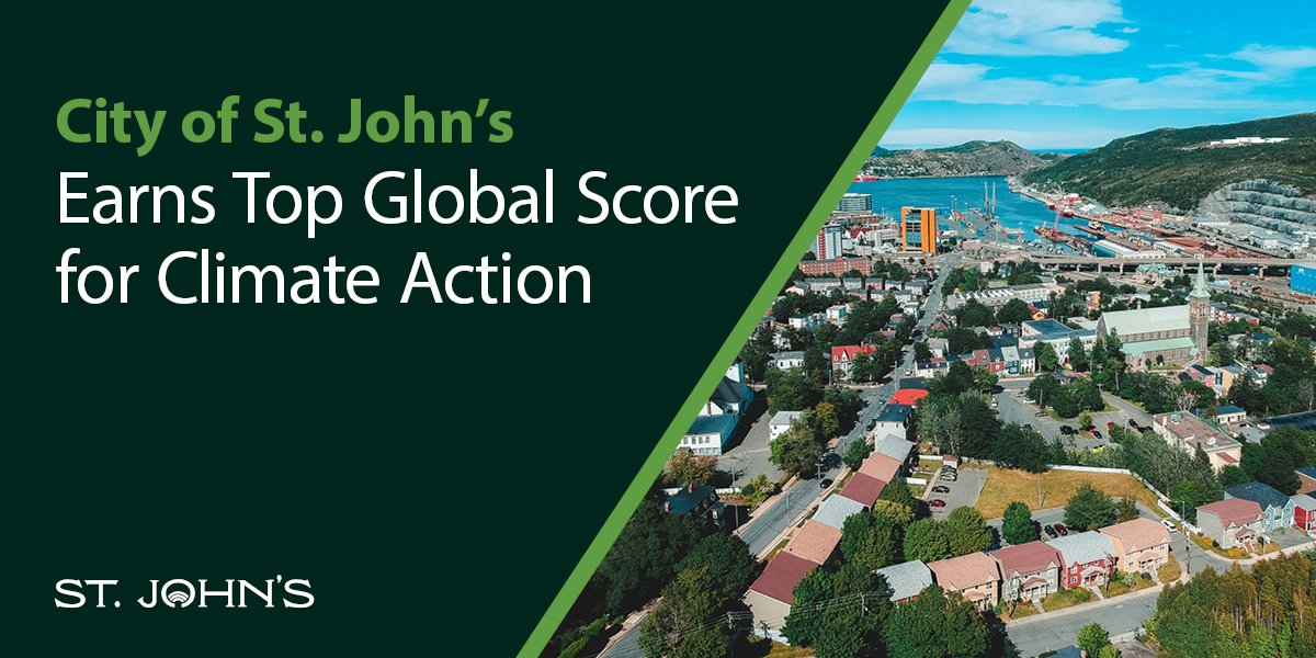 aerial view of St. John's with text that says City of St. John's Earns Top Global Score for Climate Action. 