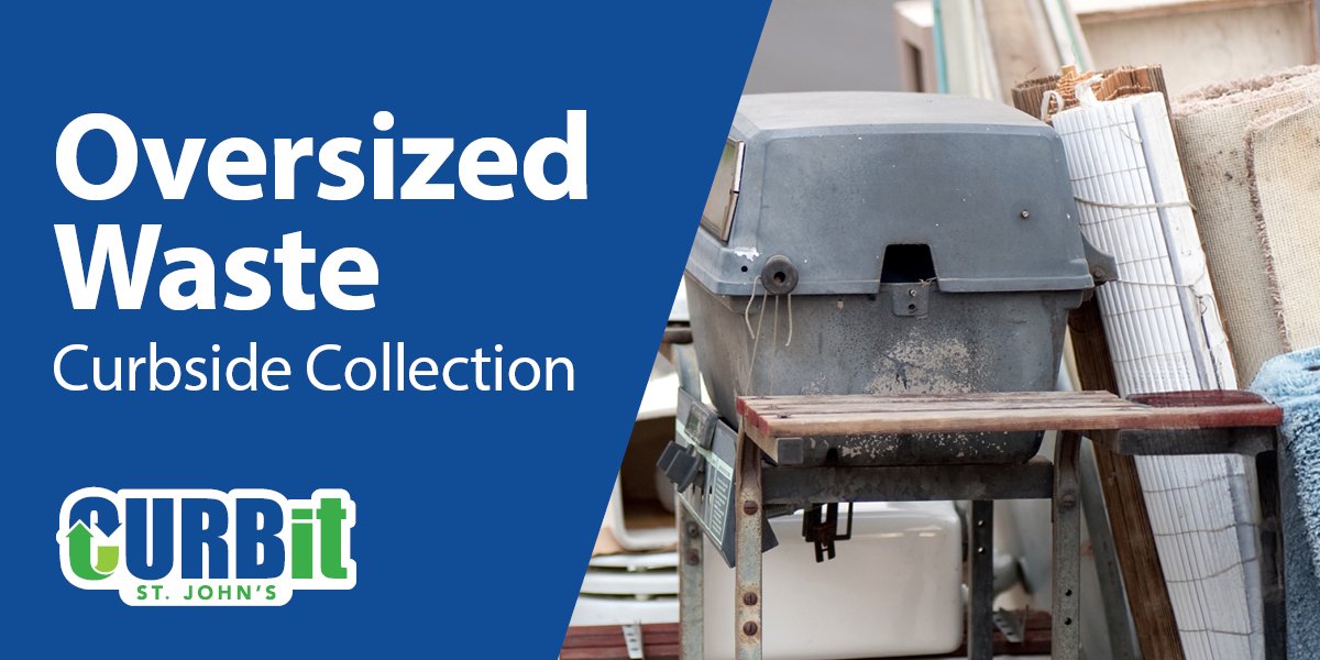 oversized waste items placed at the curb for collection, includes text Oversized Waste Curbside Collection. 