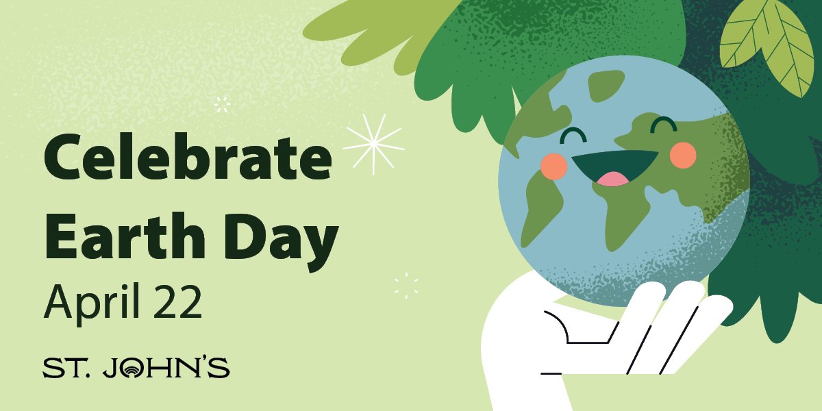 a hand holding the planet smiling next to trees; includes text Earth Day April 22. 