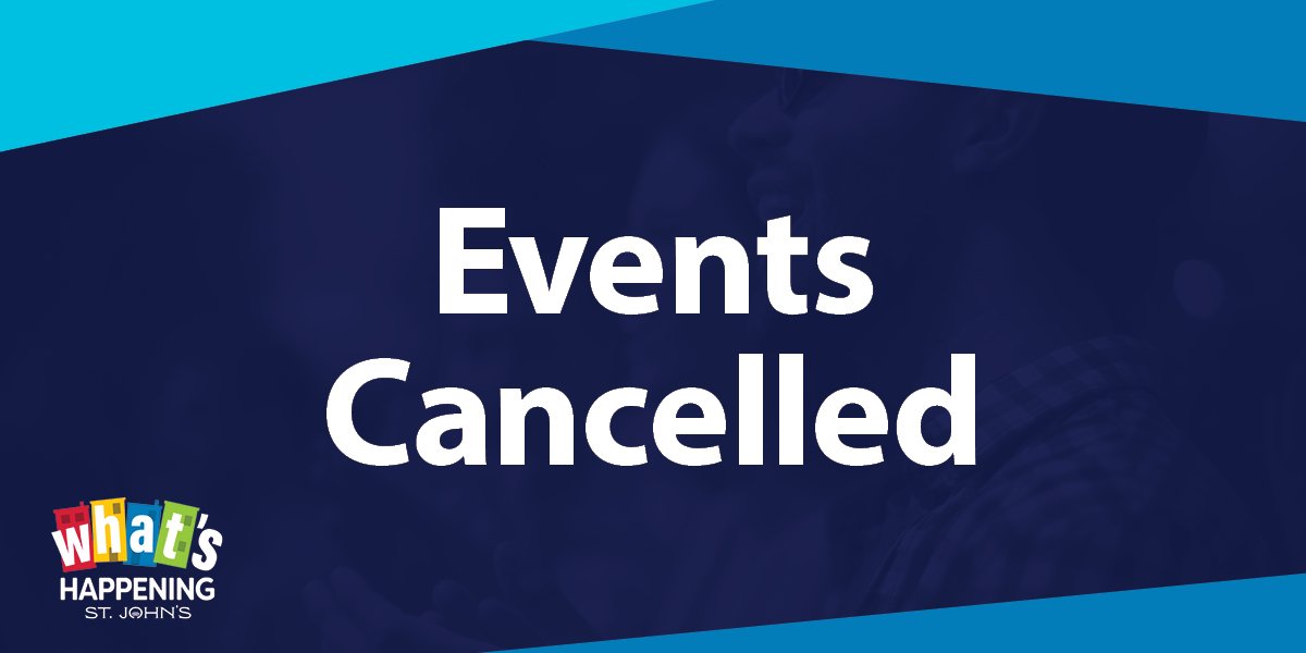 dark blue background with white text that says Events Cancelled. 