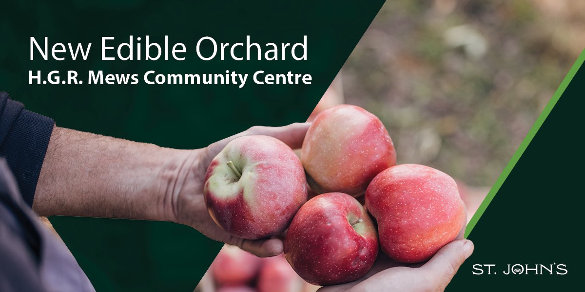 hands holding apples and includes text 'New Edible Orchard H.G.R. Mews Community Centre.'