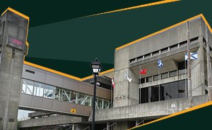 Dark green background with a picture of City Hall outlined in orange.