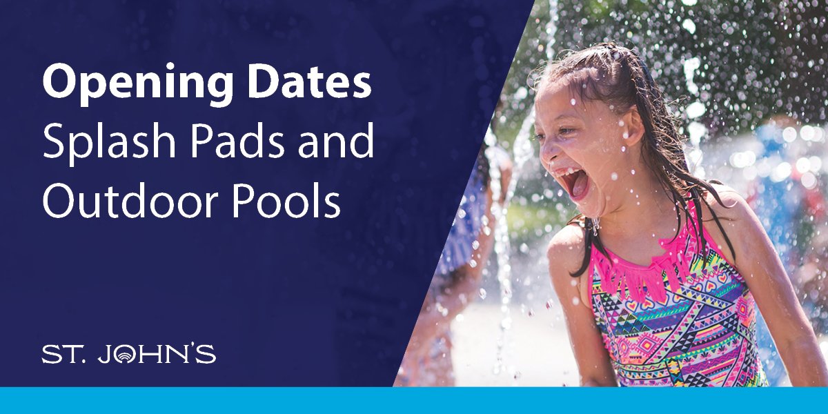 child smiling and using a splash pad, includes text "Opening dates splash pads and outdoor pools."