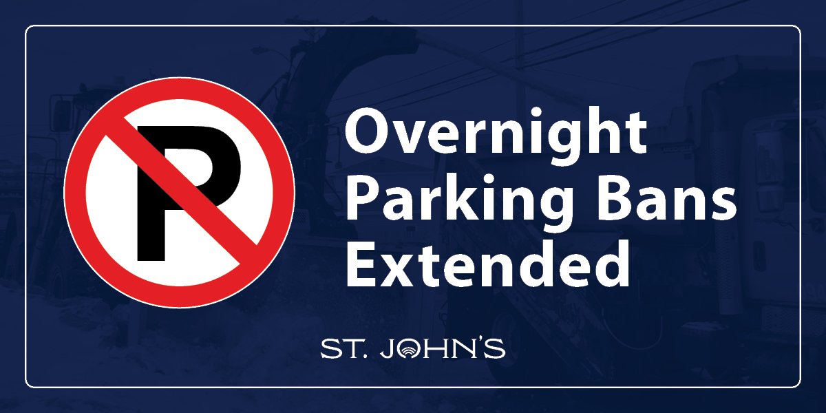 no parking symbol and white text that says Overnight Parking Bans Extended on a dark blue background. 