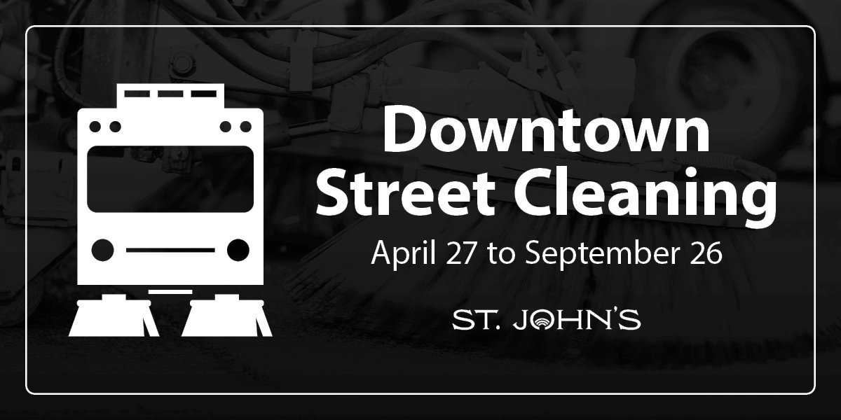 grey background with white text that says Downtown Street Cleaning April 27 to September 26. 