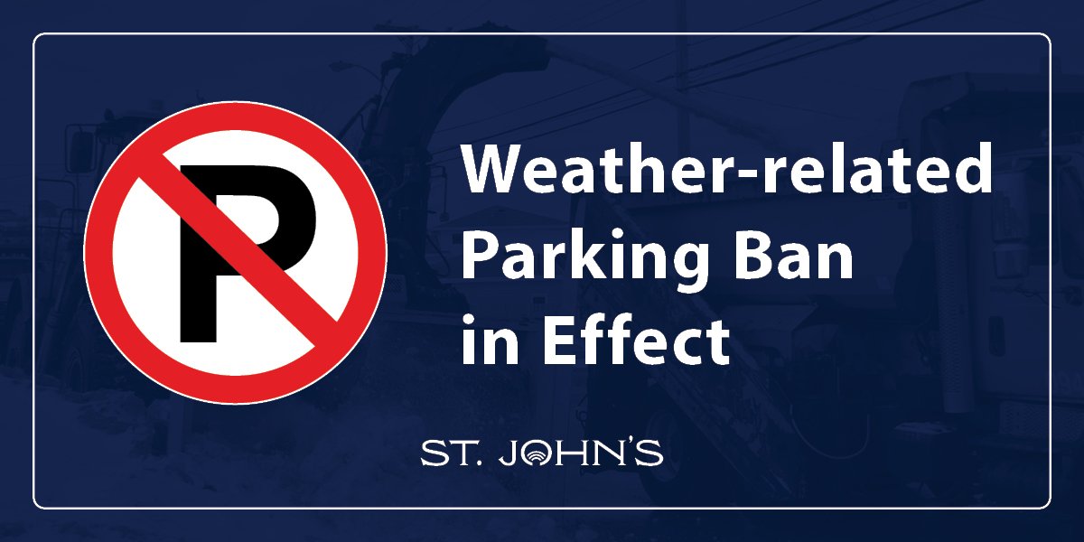 a no parking symbol with white text that says Weather-Related Parking Ban in Effect. 