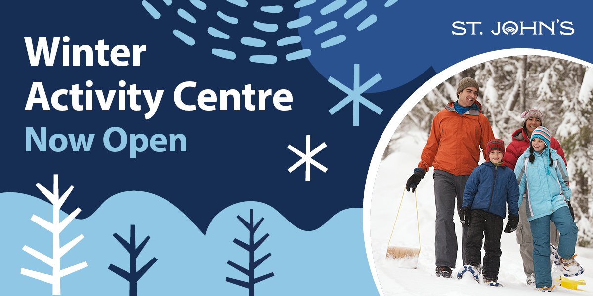 a family snowshoeing in the woods, includes text Winter Activity Centre now Open. 