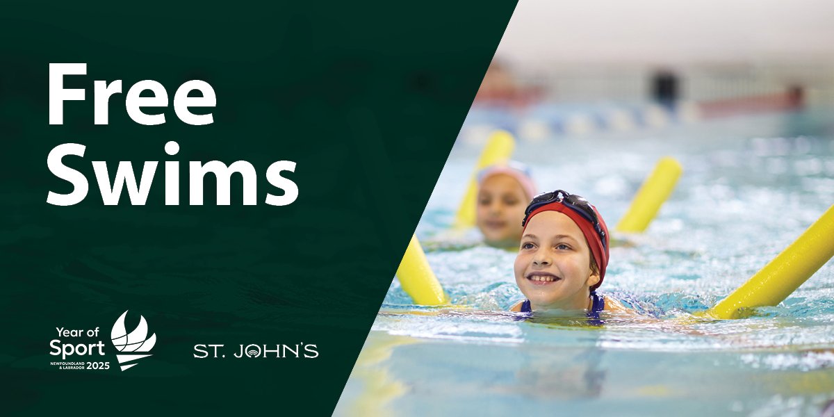 child using a float and swimming in a swimming pool, includes text that says Free Swims. 