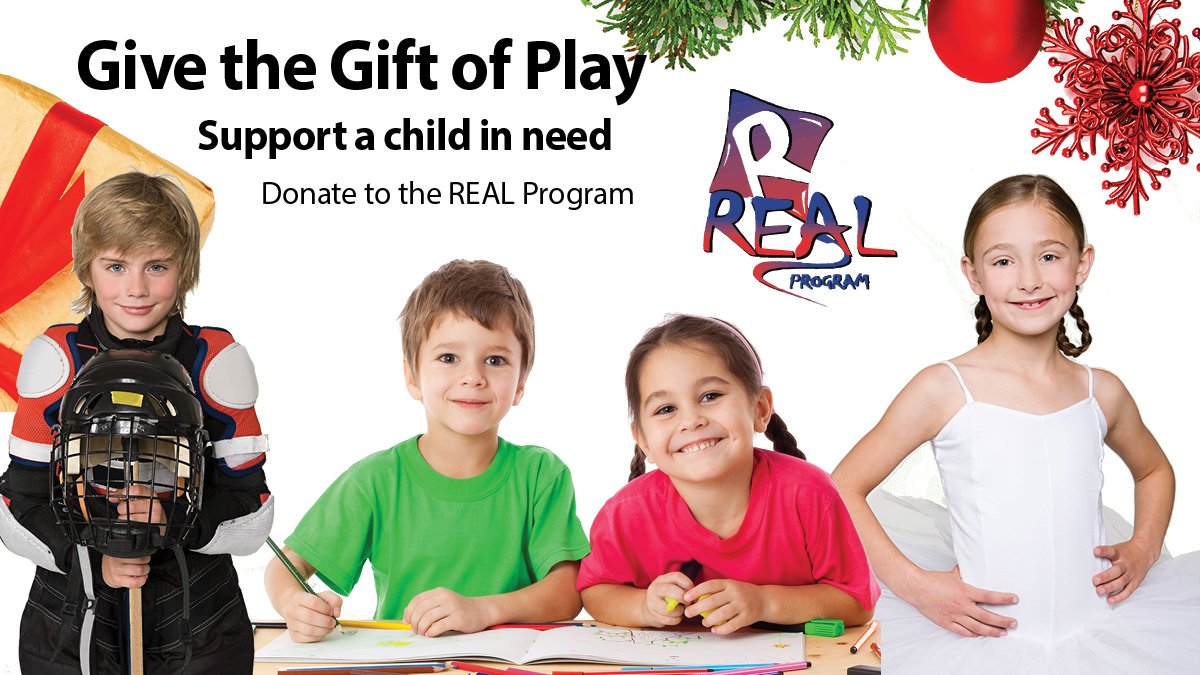 Four children dressed for sports and recreation activities are smiling. The text says give the gift of play, support a child in need.