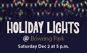 Colourful lights in tree branches with text Holiday Lights @ Bowring Park, Saturday, Dec. 2 at 5 p.m. 