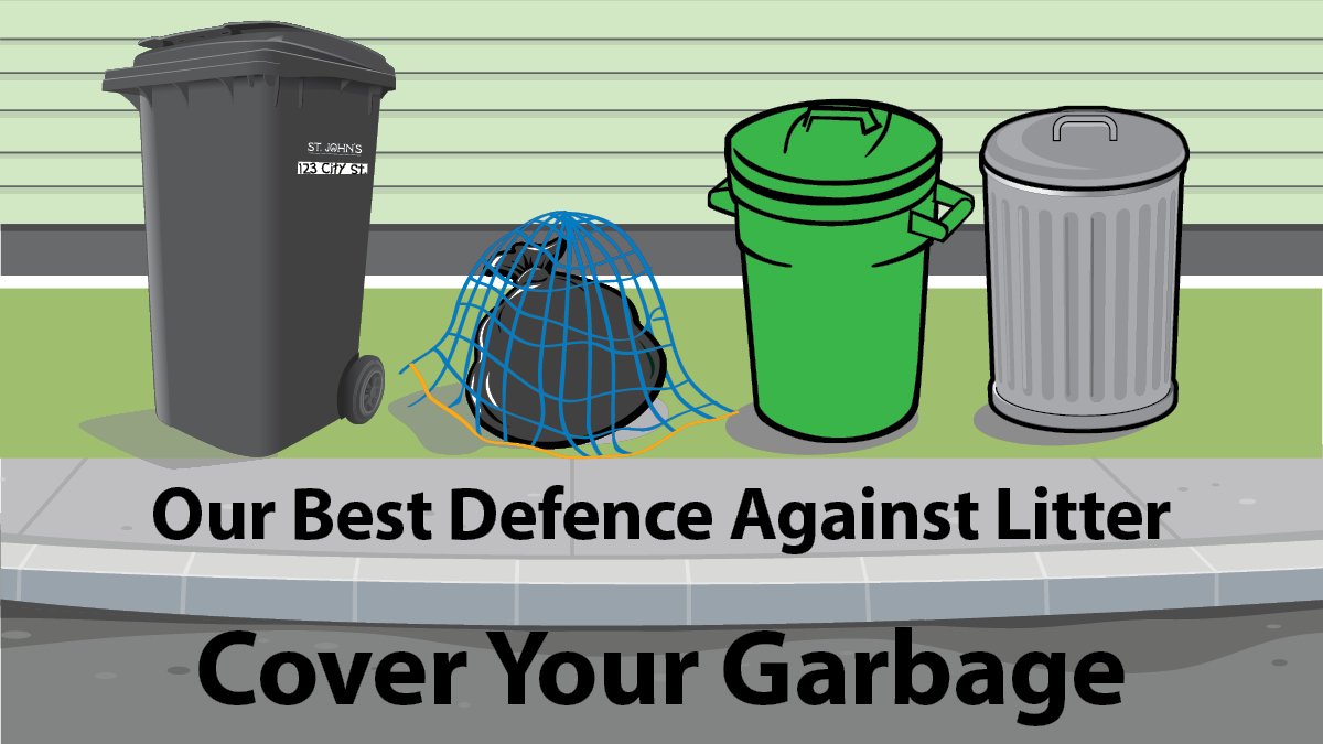 A cartoon image of 3 garbage cans, and one black garbage bag that is covered with a net.