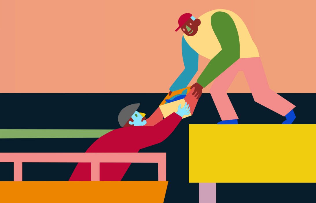 A colourful painting of a person in a boat handing a box of fish to a person on the wharf.