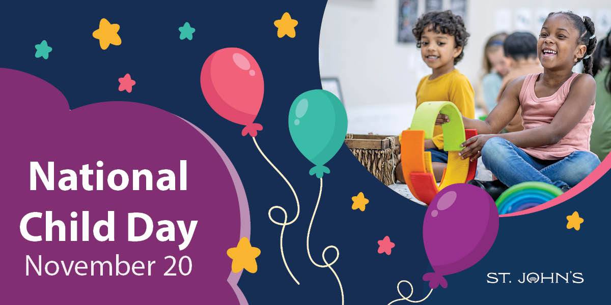 children smiling and playing. Includes colourful balloons and text that says National Child Day November 20 and includes City logo. 