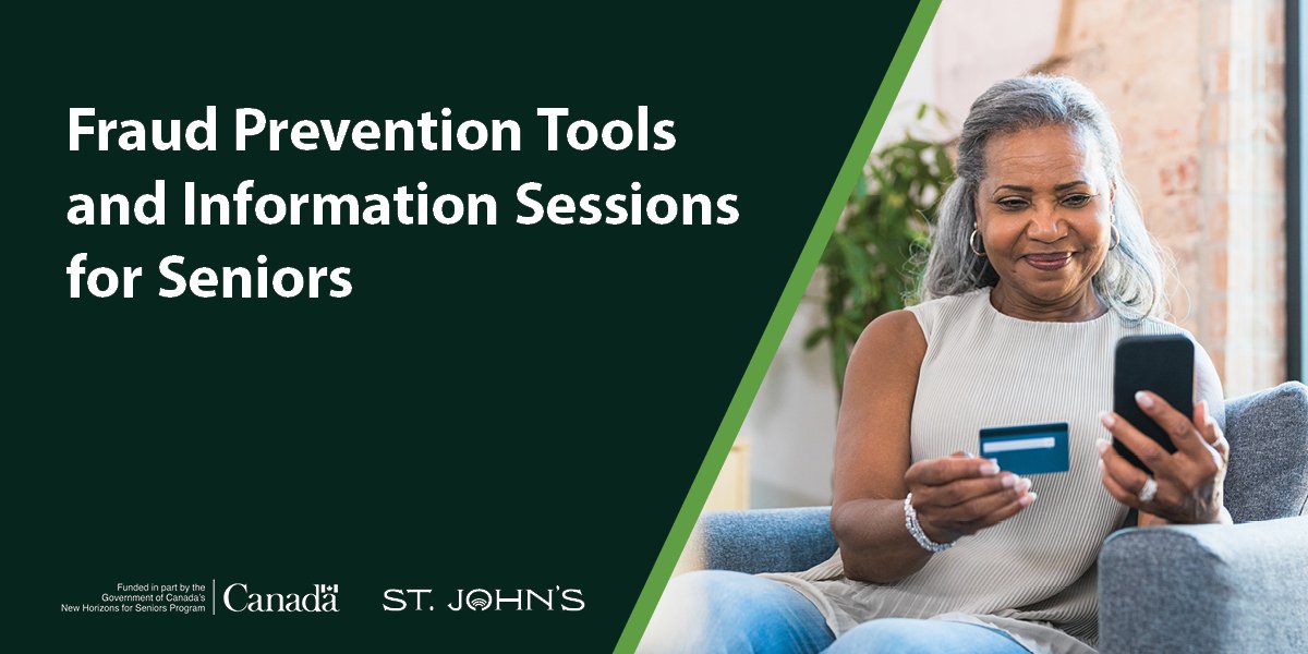 person sat on a chair holding a credit card and mobile phone, includes text Fraud Prevention Tools and Information Sessions for Seniors. 
