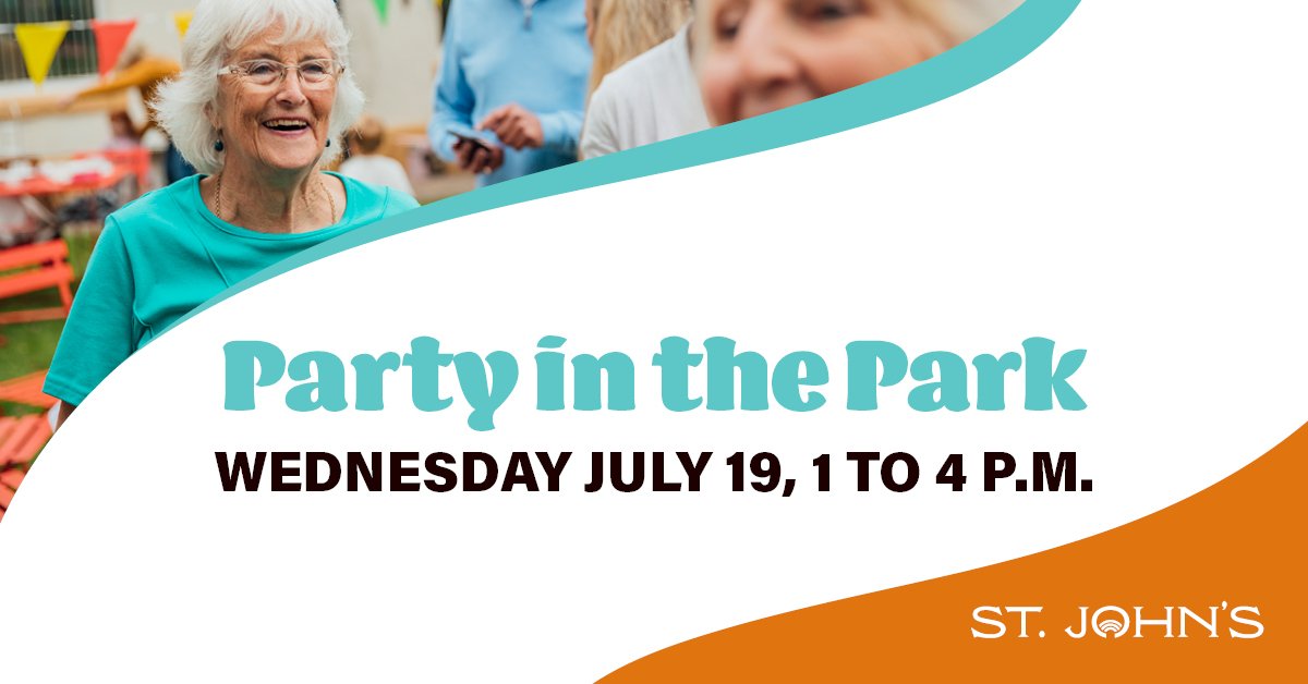 Smiling individual on banner with orange and blue swirls and text: Party in the Park Wednesday July 19 1 to 4 p.m.