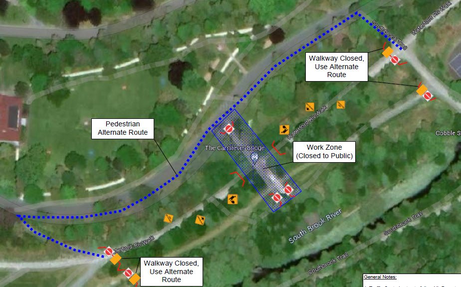 aerial map showing detour around the Arup cantilever bridge using Southbrook Trail