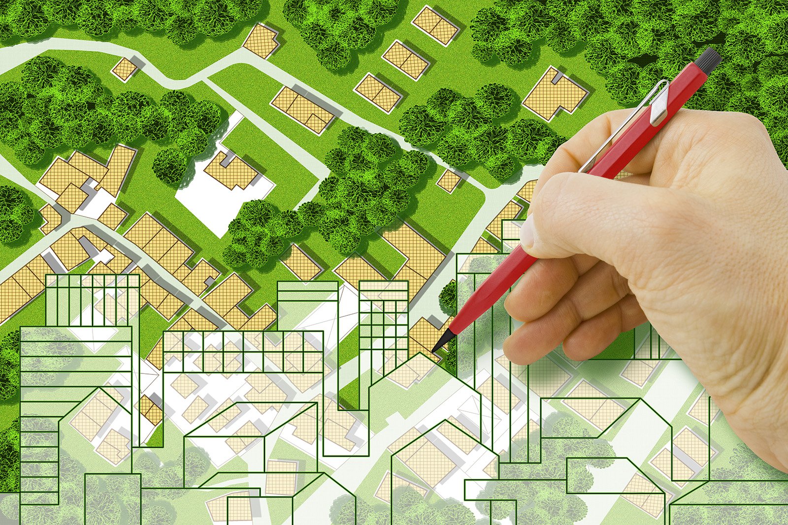 White and green image of a map of a neighbourhood with a hand holding a pencil to draw on the image.