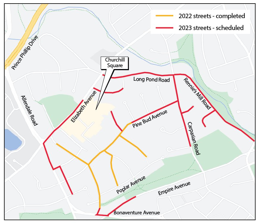 A map of the Churchill Square area showing streets where watermain rehab will occur.  Streets scheduled for this year are showing in red, and streets completed last year are in yellow.