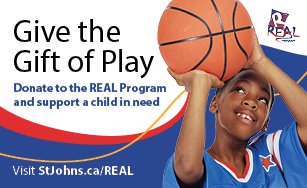 Child with basketball in hands. Text that reads Give the Gift of Play, donate to the REAL Program and support a child in need. 