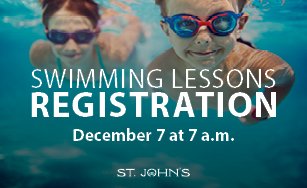 Children swimming with text overlay Swimming Lessons Registration December 7 at 7 a.m. 