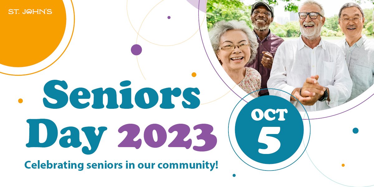 Seniors smiling, includes text Seniors Day 2023 Celebrating seniors in our community Oct. 5