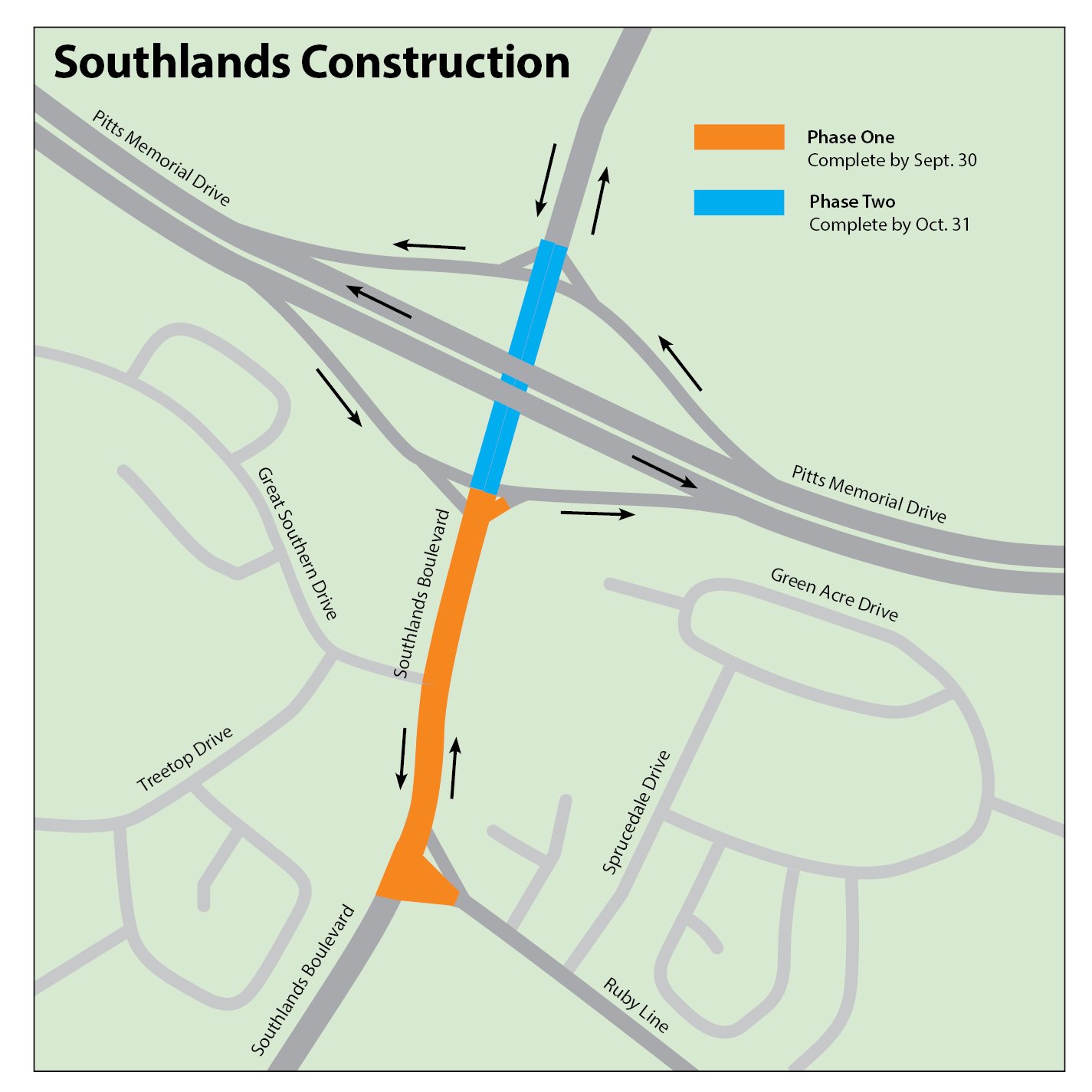 illustrated map showing the intersection of Pitts Memorial and Southlands Boulevard
