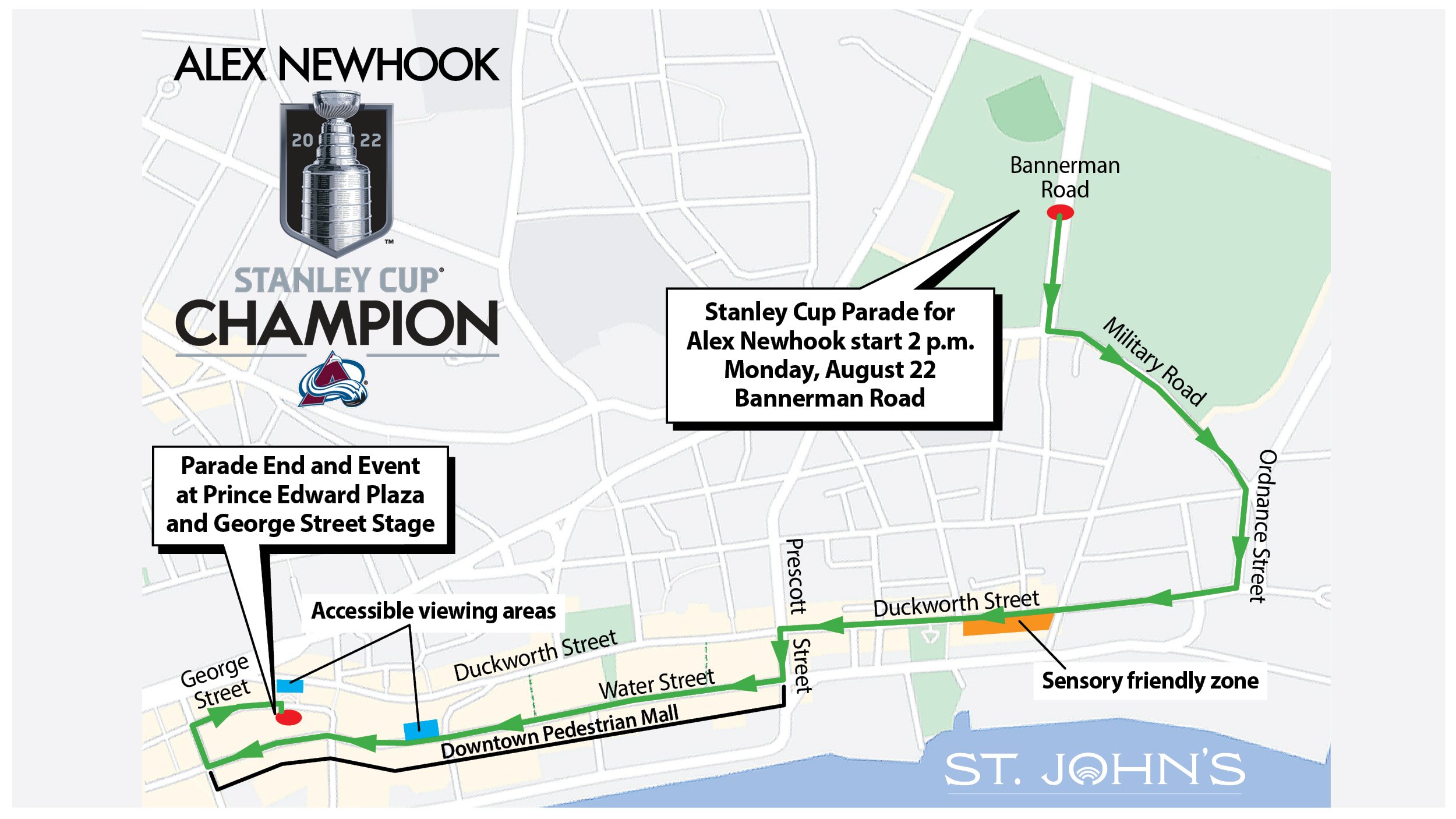 map showing route of parade with text Alex Newhook Stanley Cup Champion