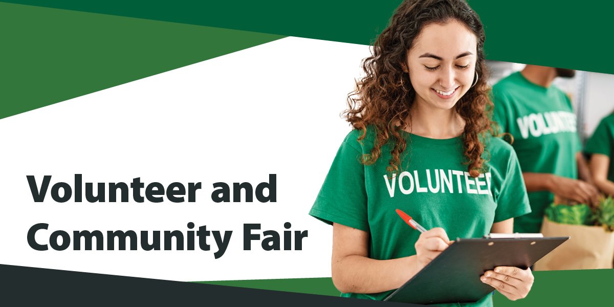 person holding a clip board and wearing a shirt that says Volunteer; includes text Volunteer and Community Fair. 