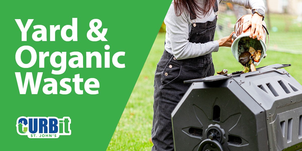 Person using a compost bin; green background with text that says Yard and Organic Waste