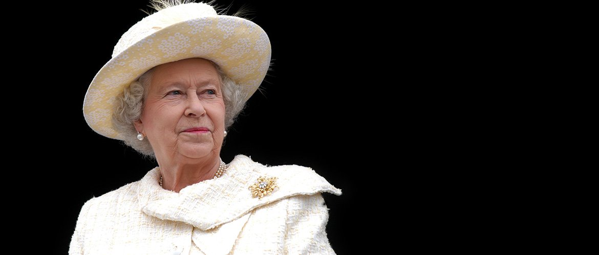 Queen Elizabeth wearing a white suit and hat on a black background