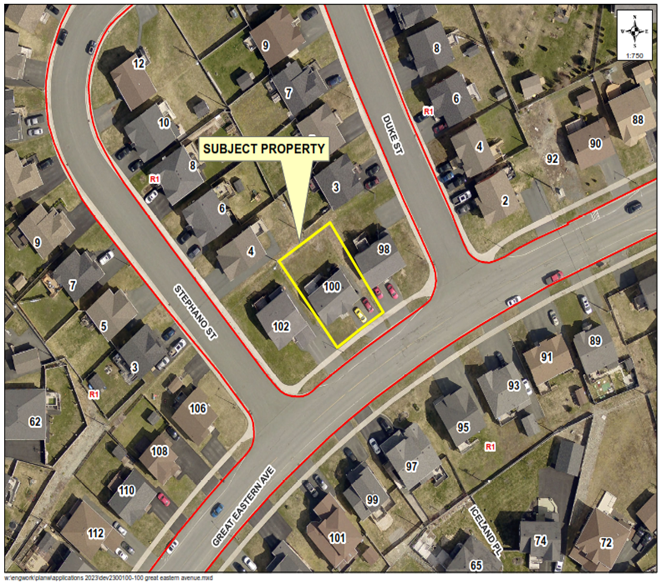 A map of a neighbourhood showing a property outlined in yellow