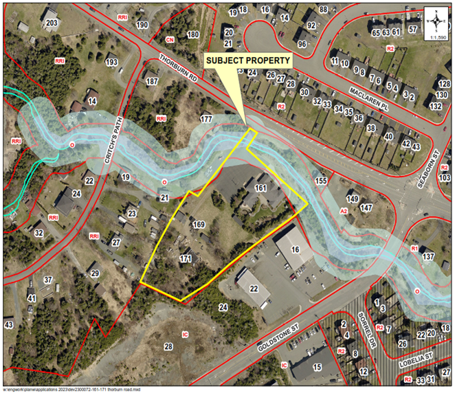 A map of a neighbourhood showing a property outlined in yellow