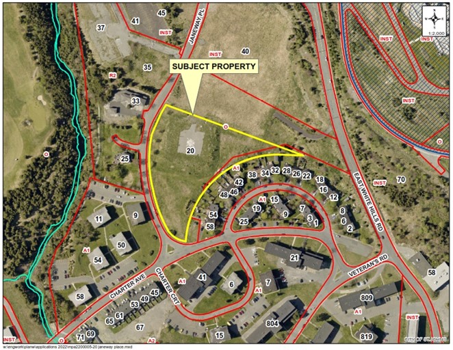 aerial photo of neighbourhood with subject property highlighted in yellow