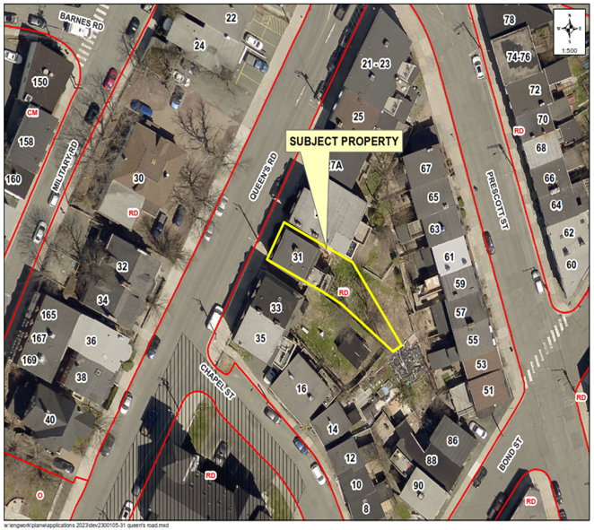 A map of a neighbourhood showing a property outlined in yellow