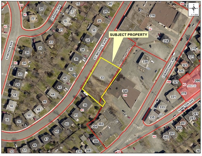 A map of a neighbourhood showing a property outlined in yellow