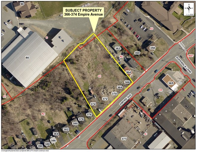 aerial photo of neighbourhood with subject property highlighted in yellow