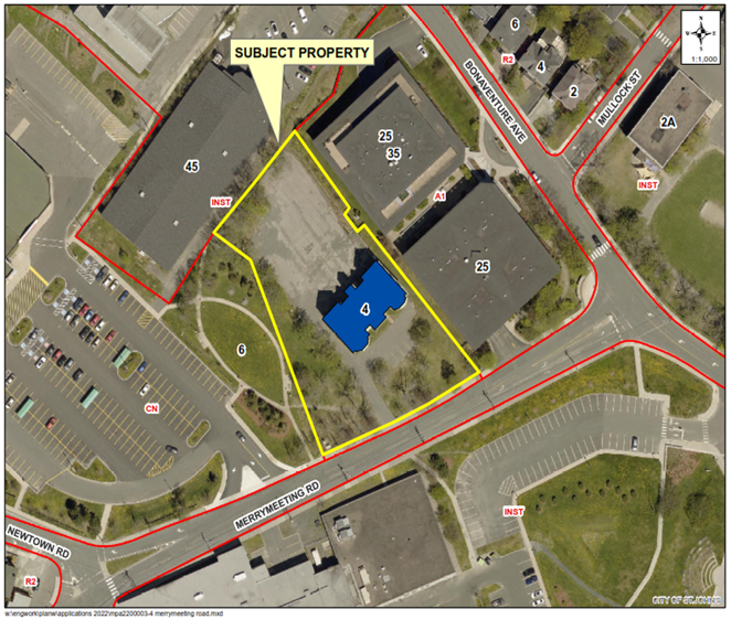 aerial photo of neighbourhood with subject property highlighted in yellow