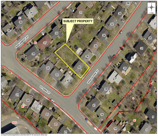 A map of a neighbourhood showing a property outlined in yellow