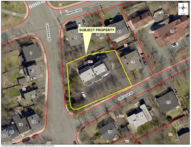 A map of a neighbourhood showing a property outlined in yellow