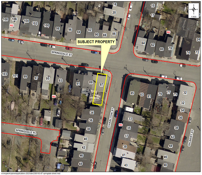 A map of a neighbourhood showing a property outlined in yellow