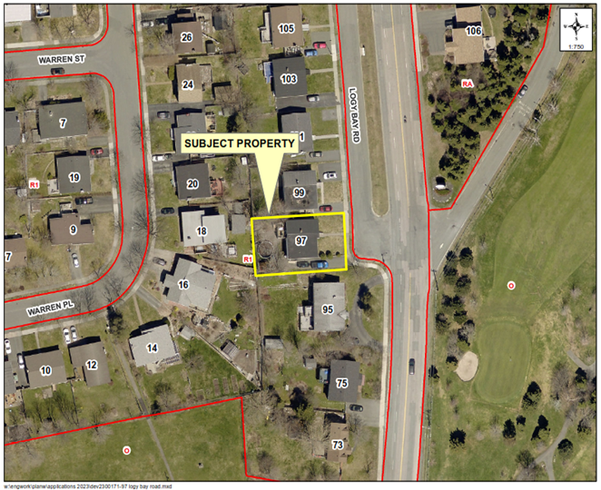 A map of a neighbourhood showing a property outlined in yellow