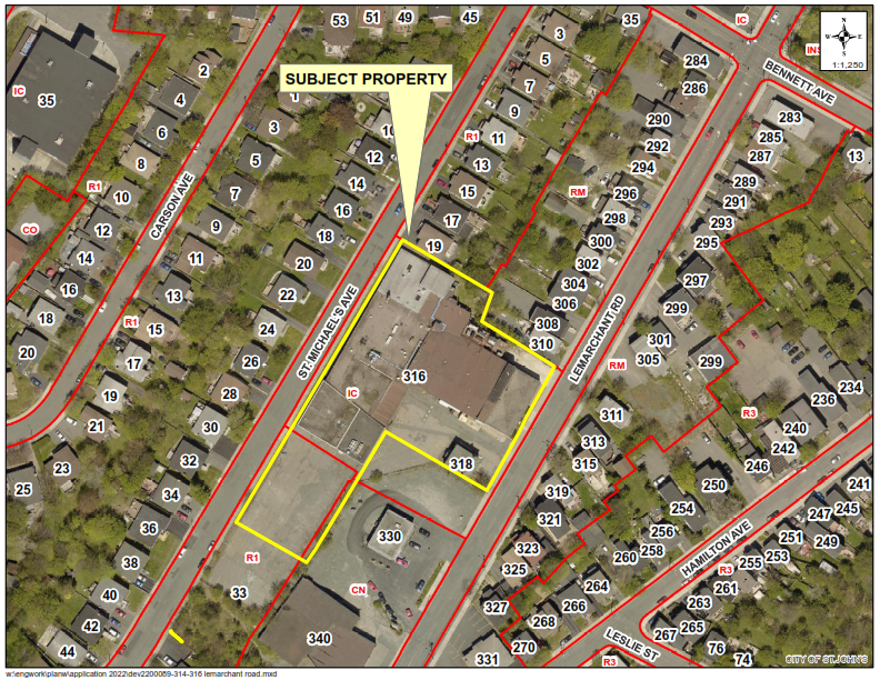 aerial photo of neighbourhood with property highlighted