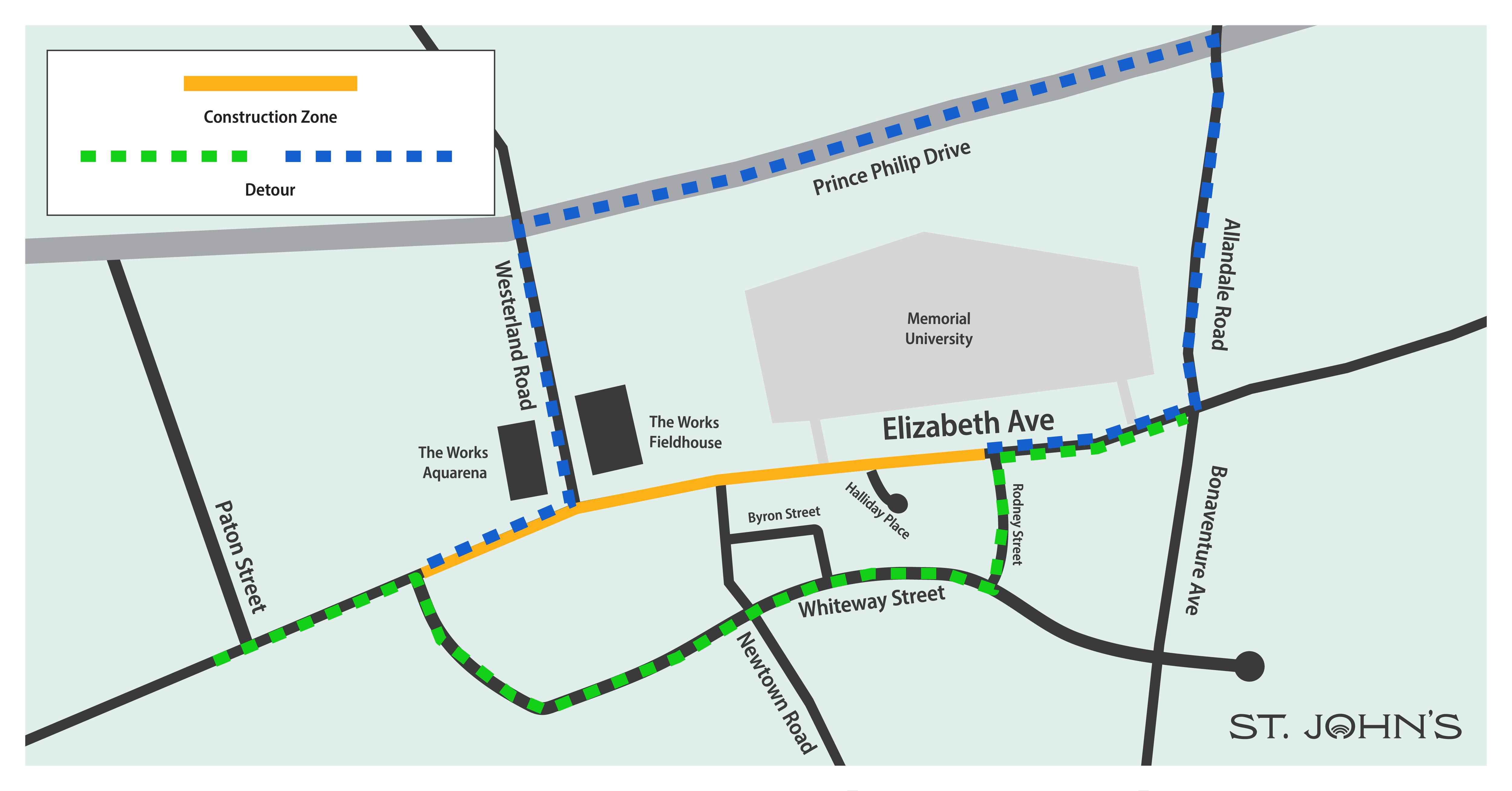 A map of a road closure on Elizabeth Ave outlining a detour path