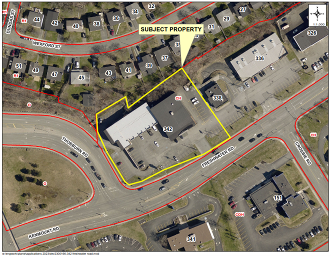 A map of a neighbourhood showing a property outlined in yellow