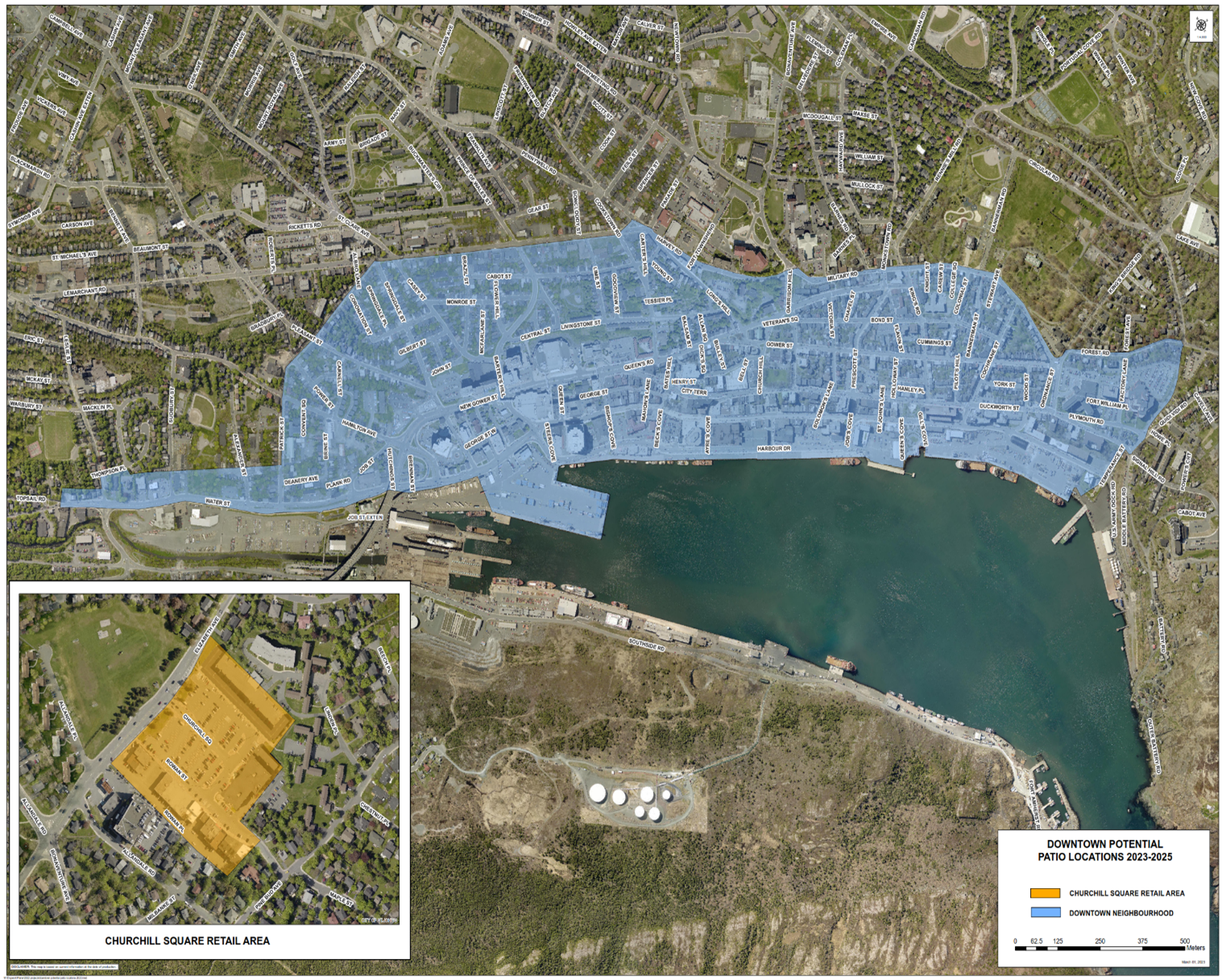 aerial map showing potential downtown patio locations and insert of Churchill Park Retail Area