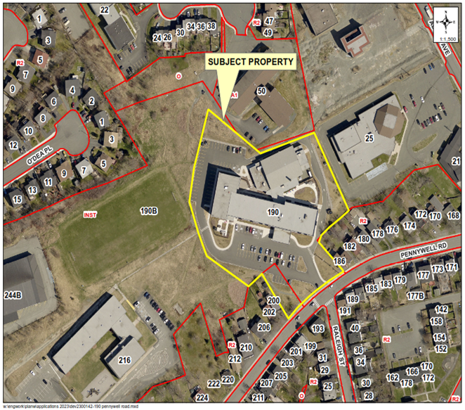 A map of a neighbourhood showing a property outlined in yellow