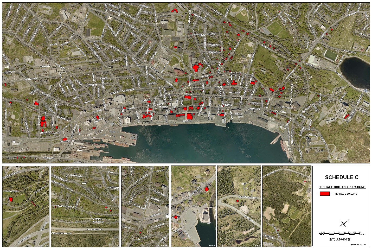 aerial map showing highlighted Heritage building locations in red