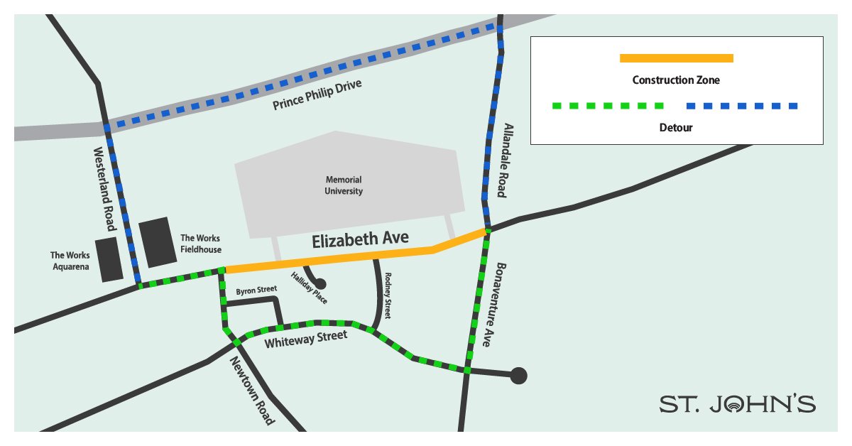 A map of a road closure on Elizabeth Ave outlining a detour path