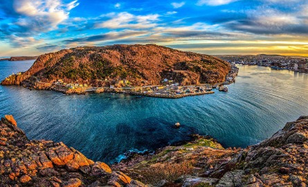 scenic view of the Narrows at sunrise with the city in background